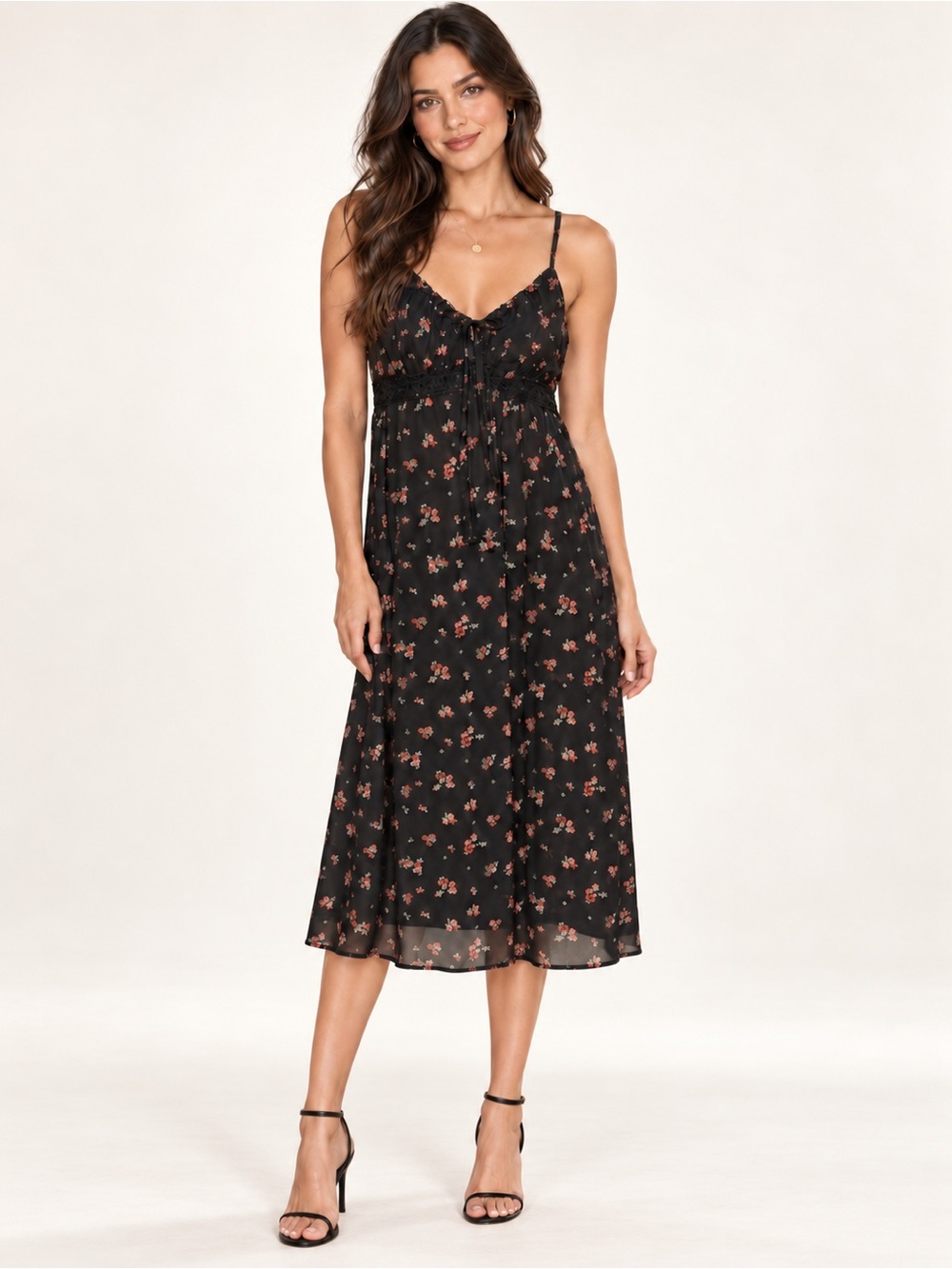 Boutique Black Floral Lace Empire Waist Midi Dress M
